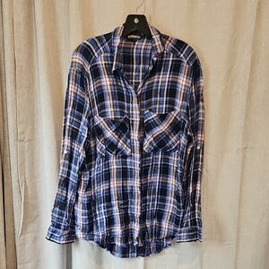 Express Blue and Pink Plaid Button Down Shirt